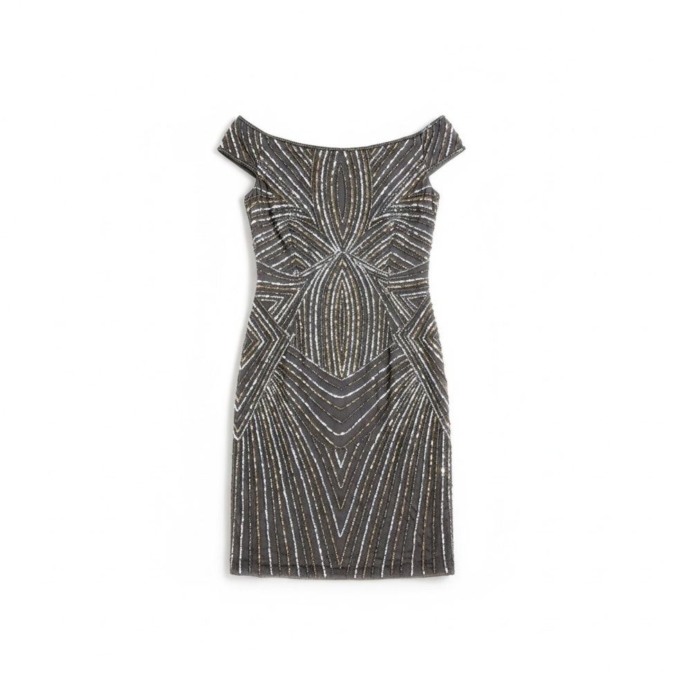 Holiday Adrianna Papell Beaded Knee-Length Cocktail Dress Charcoal Size 8 NWT